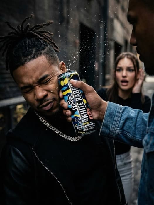 A can of White Rabbit Energy spraying open beside a man in an alley