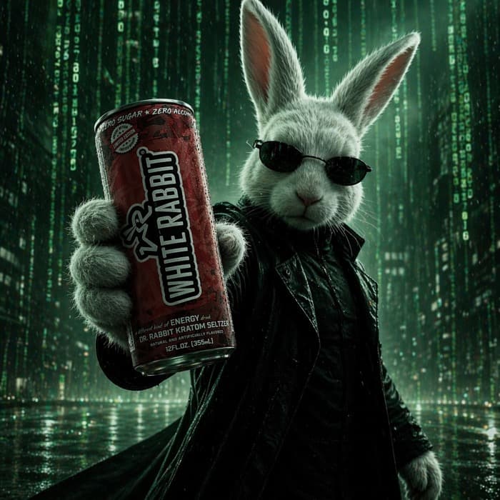 An illustrated white rabbit in dark glasses and a long coat holding out a can of White Rabbit Energy